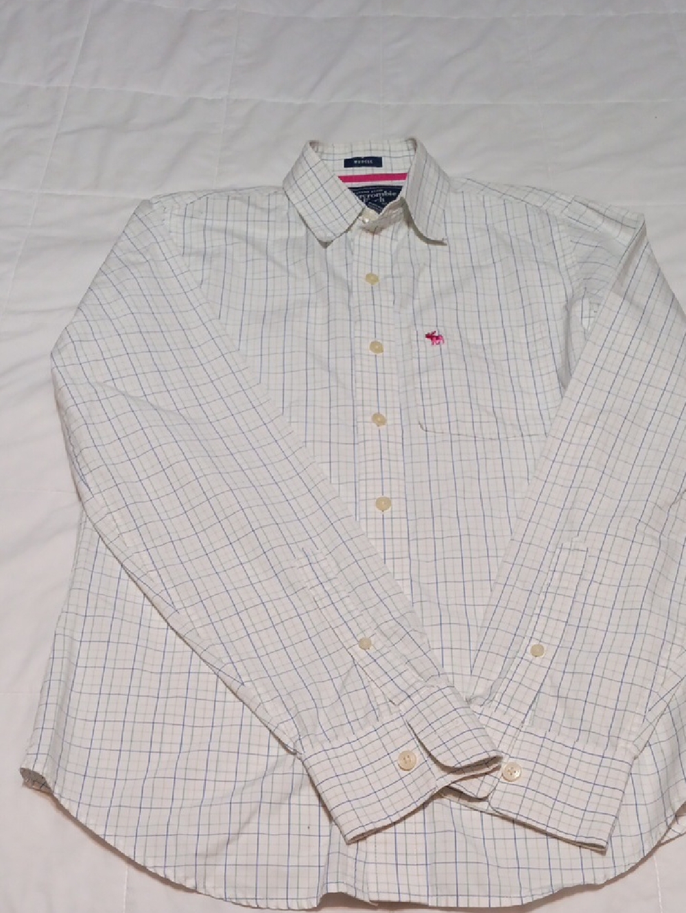 Abercrombie & Fitch White Plaid Dress Shirt with Pink Logo Vintage